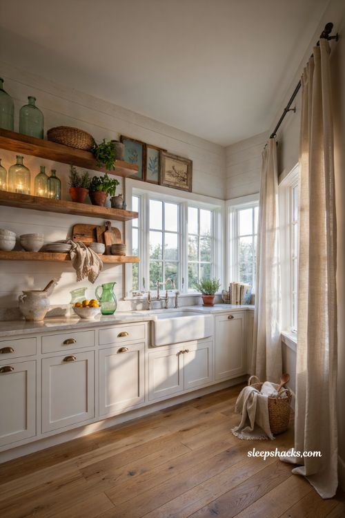 Coastal farmhouse kitchen ideas with bottle green decor and earthy natural accents