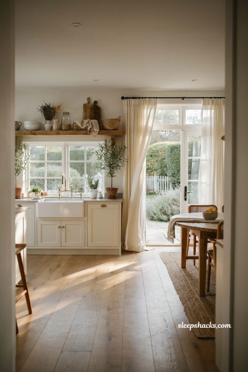 Coastal farmhouse kitchen ideas with french doors and indoor outdoor connection