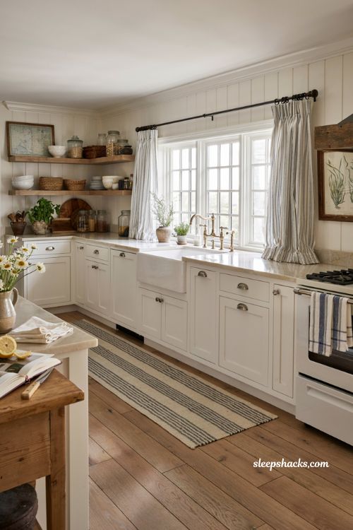 Coastal farmhouse kitchen ideas with navy striped curtains and runner rug