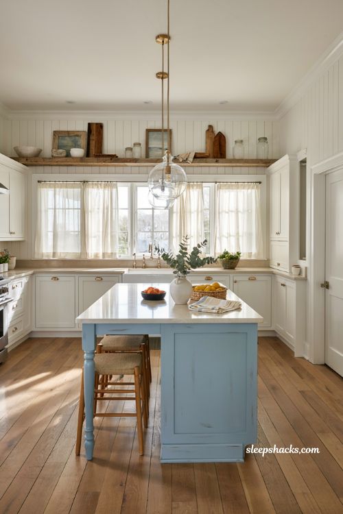 Coastal farmhouse kitchen ideas with powder blue kitchen island and warm wood stools