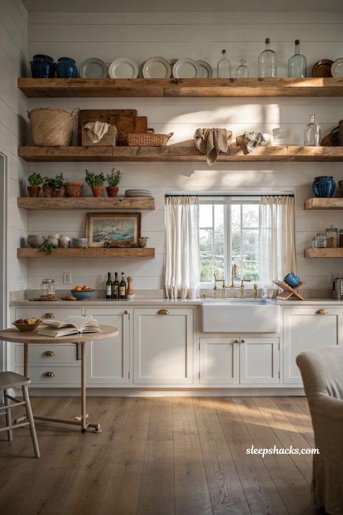 Coastal farmhouse kitchen ideas with reclaimed wood open shelving and vintage decor