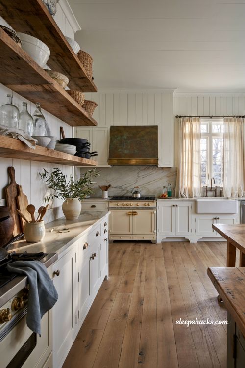 Coastal farmhouse kitchen ideas with weathered bronze accents and wrought iron hardware