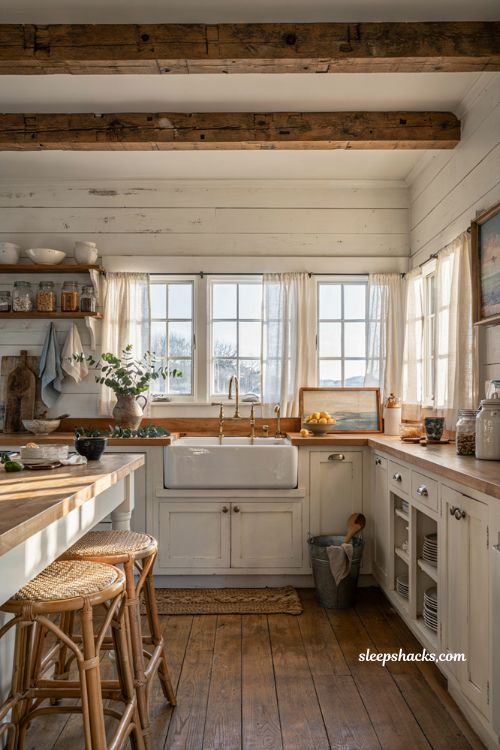 Coastal farmhouse kitchen ideas with white shiplap walls and reclaimed wood accents