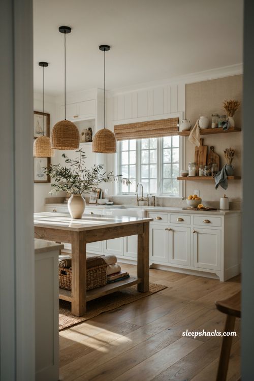 Coastal farmhouse kitchen ideas with woven textures rattan lighting and jute rug