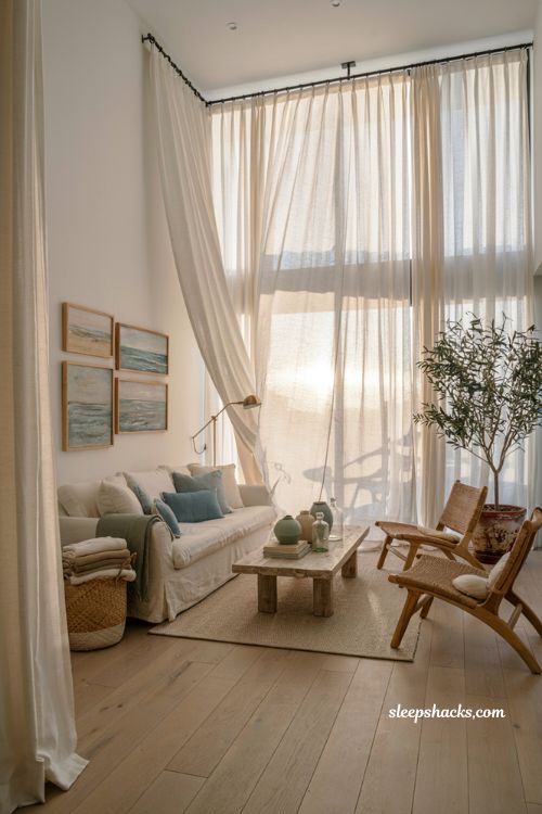 Coastal-inspired living room with billowing linen curtains and Mediterranean style