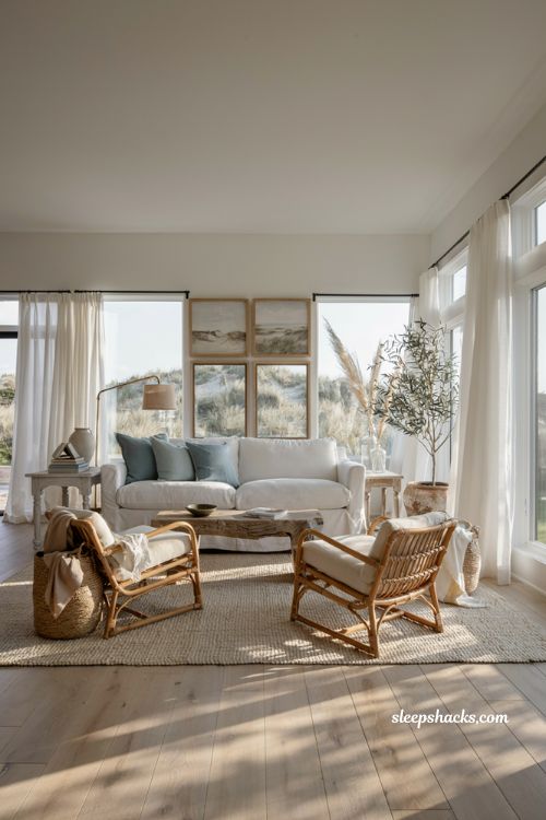 Coastal-inspired living room with rattan armchairs and driftwood furniture