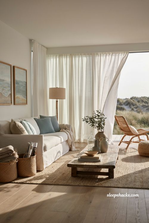Coastal-inspired living room with seagrass baskets and sisal rug texture