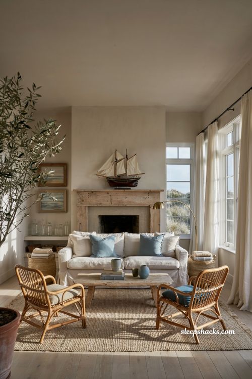 Coastal-inspired living room with vintage model ship as focal point