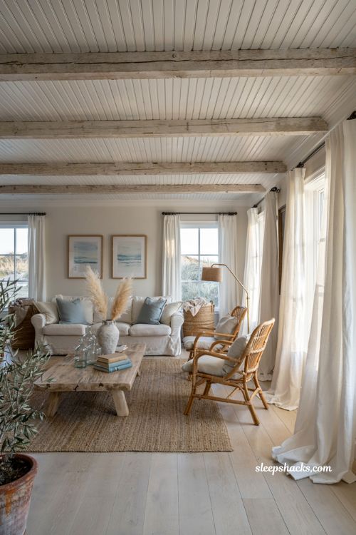 Coastal-inspired living room with white beadboard ceiling and cottage charm