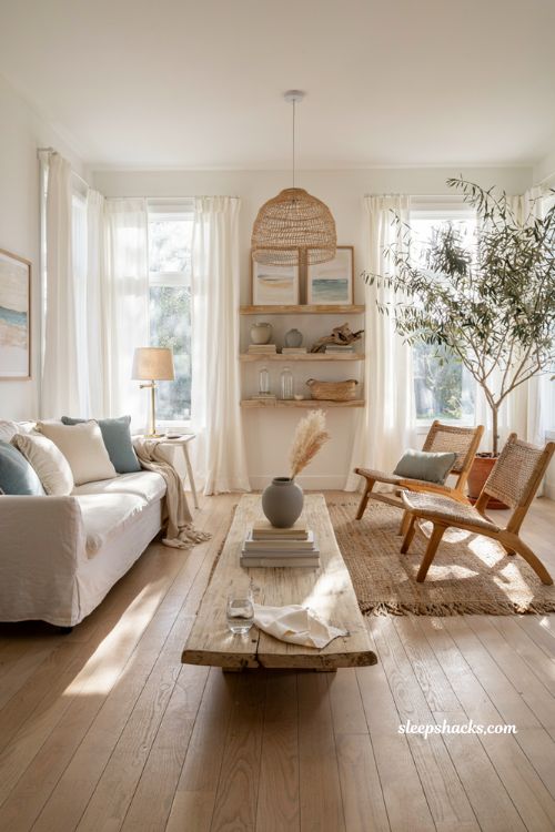 Coastal-inspired living rooms with soft neutral colors and natural beach house textures