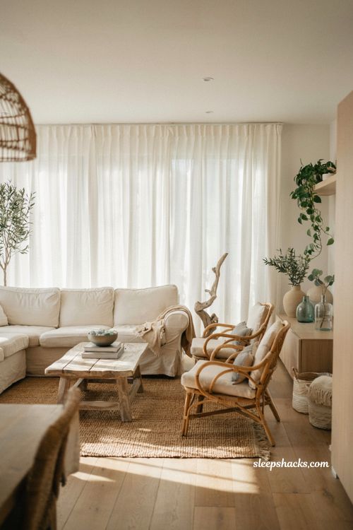 Coastal living room with floor to ceiling sheer white linen curtains and airy seaside style