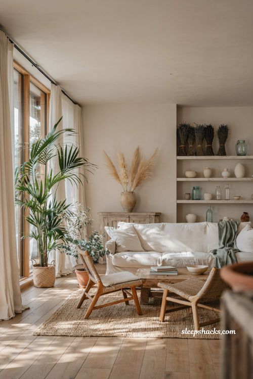 Coastal living room with indoor palm dried florals and natural woven decor