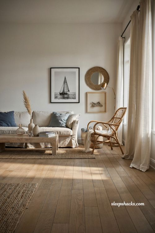 Coastal living room with subtle nautical wall decor driftwood art and rope mirror