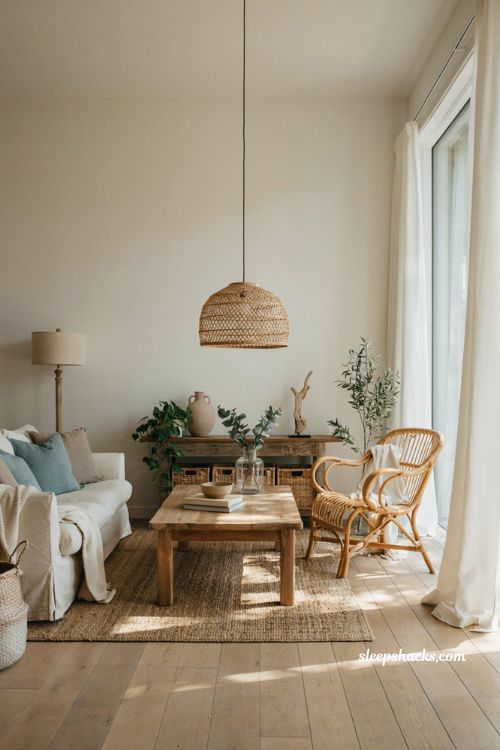 Coastal living room with woven rattan chair wicker accents and natural seaside textures