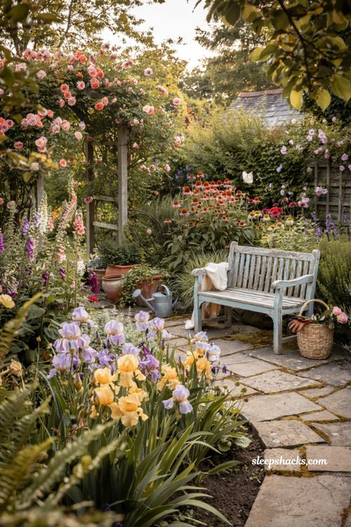 Colorful backyard ideas with cottage style flower border and blooming garden pathway