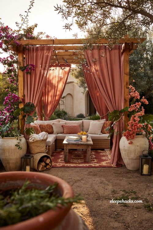 Colorful backyard ideas with gazebo and bold terracotta outdoor curtains