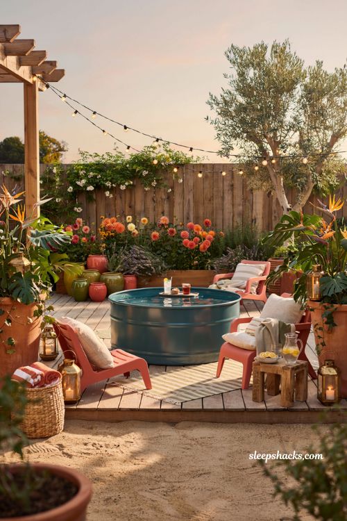 Colorful backyard ideas with painted stock tank pool and vibrant outdoor lounge area