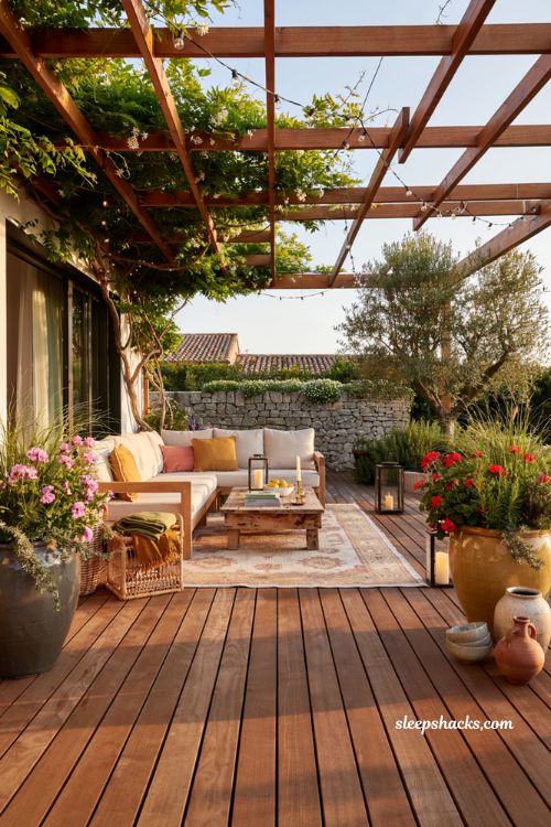 Colorful backyard ideas with terracotta stained deck and vibrant outdoor living space
