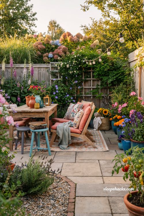 Colorful backyard ideas with vibrant patio decor blooming flowers and cozy outdoor seating