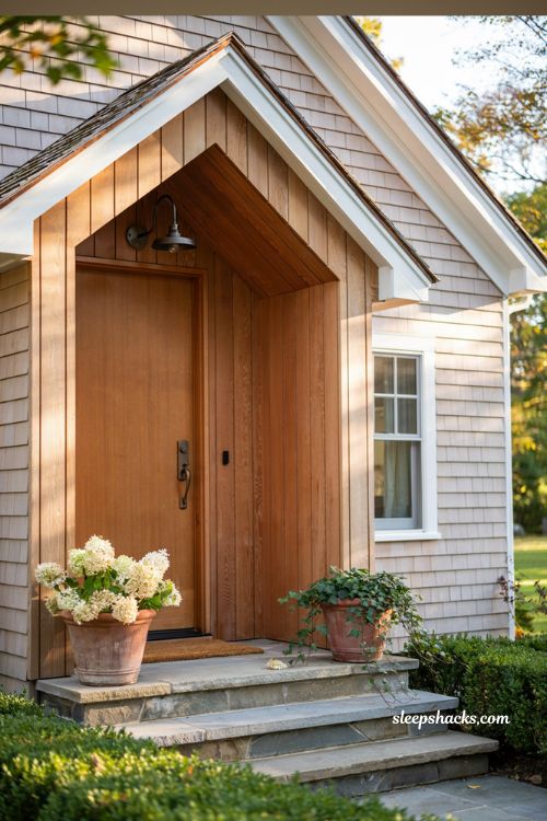 Cottage farmhouse exterior ideas featuring a natural honey cedar wood siding entryway alcove with crisp white trim