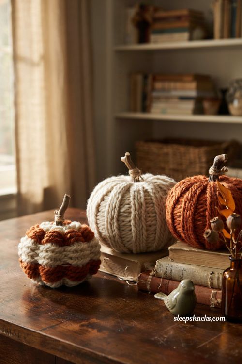 Cozy diy chunky yarn wrapped foam pumpkins for easy rustic fall decor