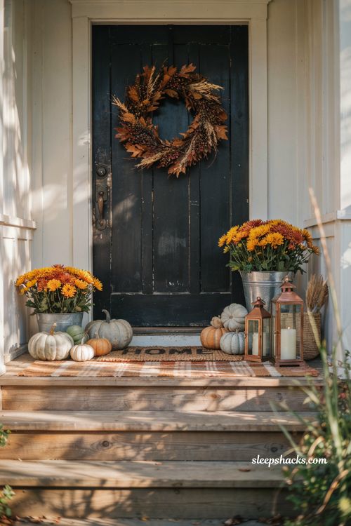 Cozy fall front porch decor ideas with layered rugs pumpkins and a dried leaf wreath on the door