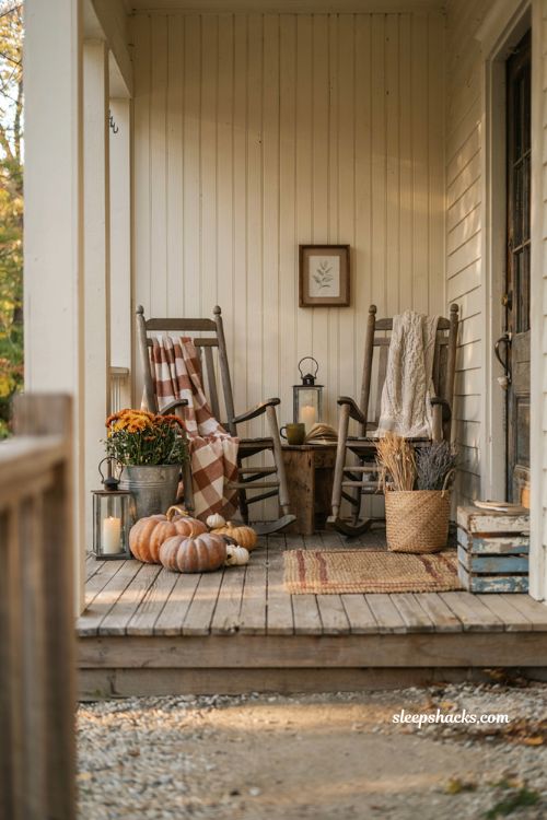 Cozy fall porch decorating ideas with layered blankets pumpkins lanterns and warm farmhouse autumn styling