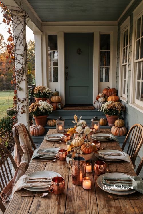 Cozy fall porch tablescape with warm copper accents for autumn entertaining
