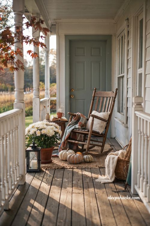 Cozy fall porch with a comfy chair for peaceful morning coffee