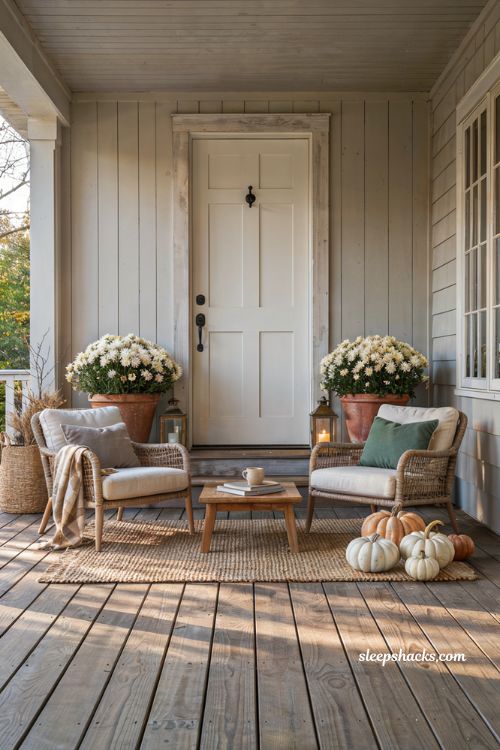 Cozy fall porch with a neutral color palette and simple autumn accents
