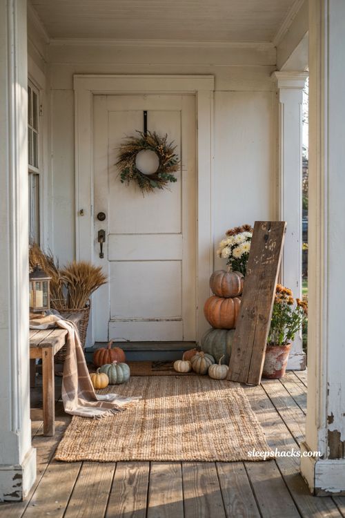 Cozy fall porch with a reclaimed wood farmhouse sign and layered autumn decor