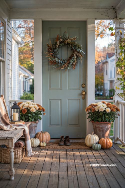 Cozy fall porch with a seasonal doormat and welcoming autumn front entry