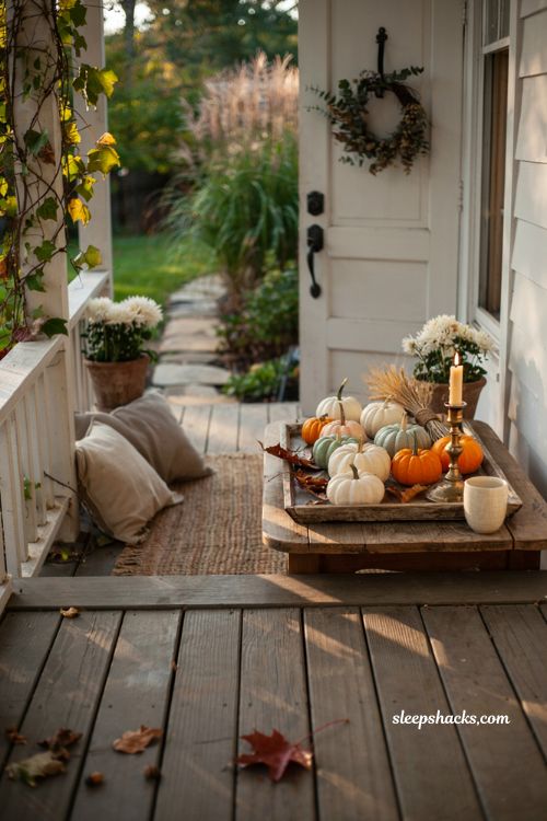 Cozy fall porch with a simple pumpkin tray centerpiece on an outdoor table