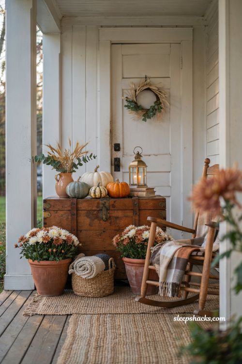 Cozy fall porch with a vintage wooden trunk styled for autumn decor