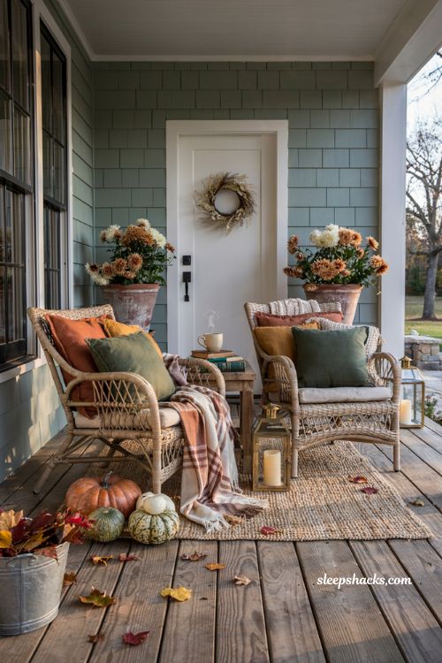 Cozy fall porch with plaid throws and textured pillows for inviting autumn seating