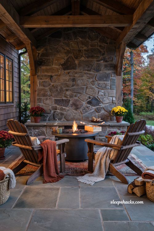 Cozy fall porch with propane fire pit and warm blankets at dusk.