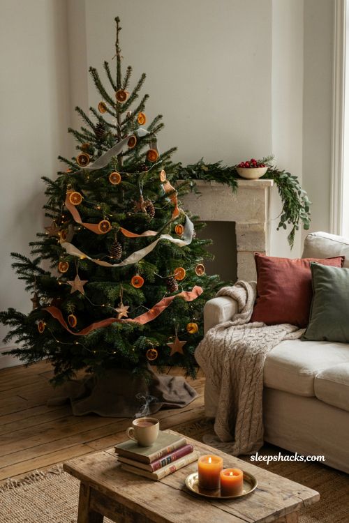 Cozy hygge Christmas living room ideas with earthy color palette and natural holiday decor
