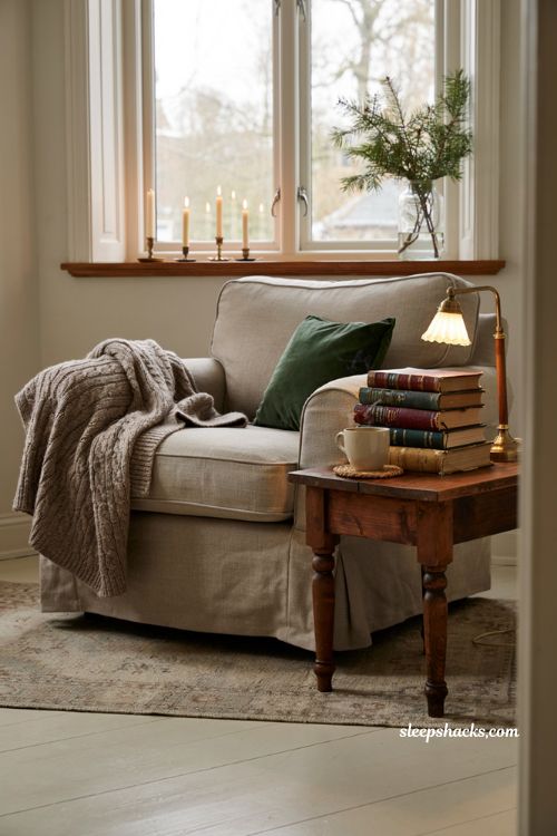 Cozy hygge reading corner decor ideas with armchair books and warm lighting