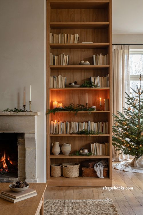 Cozy neutral christmas built in bookshelves with simple garland candles and cream decor