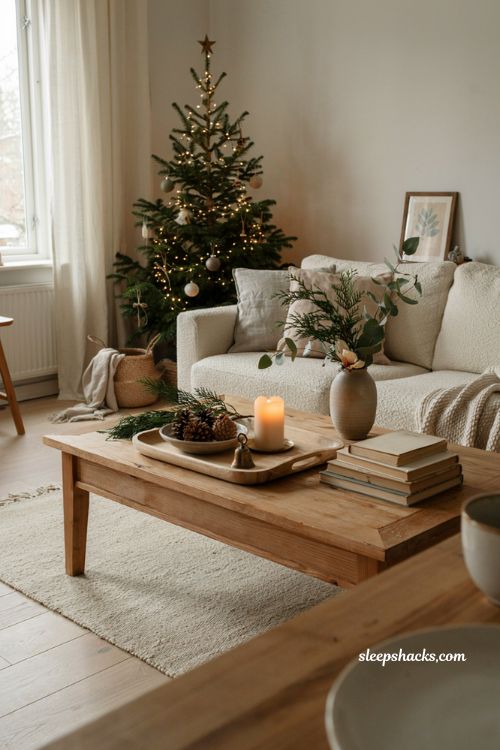 Cozy neutral christmas coffee table vignette with candle books and winter greenery