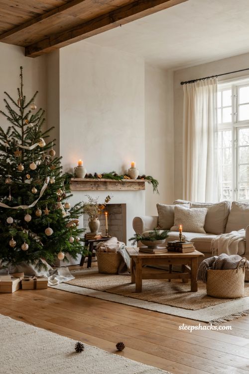 Cozy neutral christmas living room decor ideas with warm wood accents and soft holiday styling