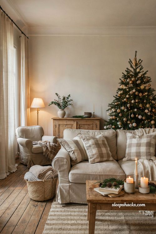 Cozy neutral christmas living room with cream plaid throw pillows and warm holiday decor