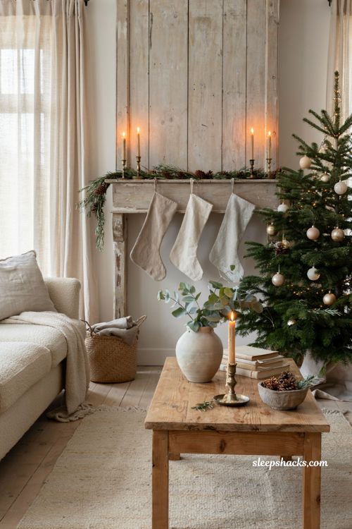 Cozy neutral christmas living room with fresh greenery eucalyptus and natural holiday decor