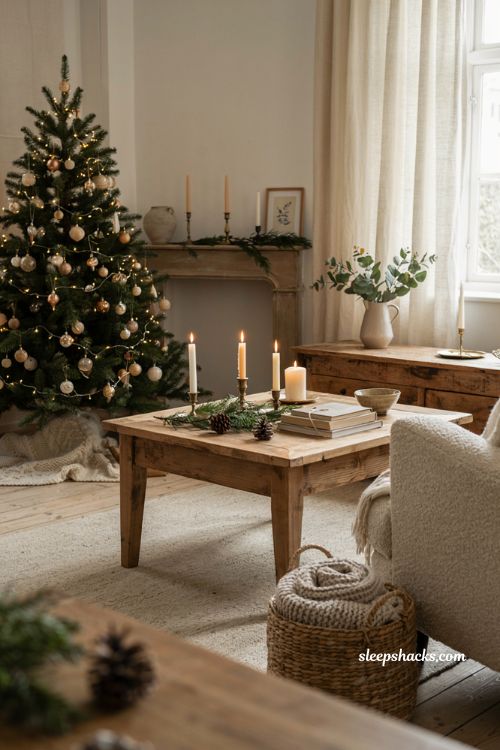 Cozy neutral christmas living room with grouped ivory candles and warm holiday glow