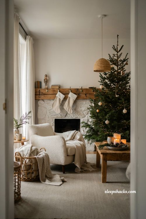 Cozy neutral christmas living room with natural wood woven baskets and rustic holiday textures