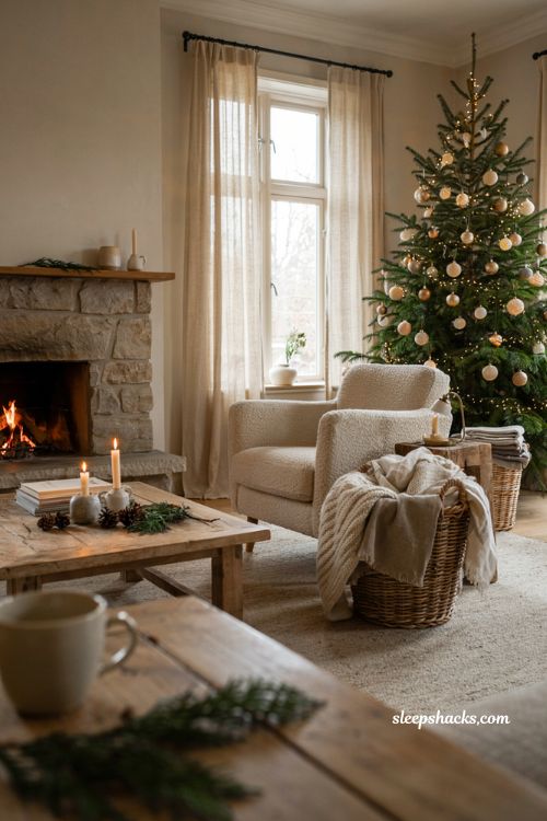 Cozy neutral christmas living room with woven baskets filled with soft blankets by the fireplace