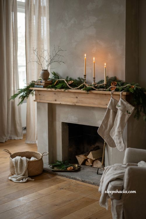 Cozy neutral christmas mantel decor with layered garland dried orange slices and taper candles