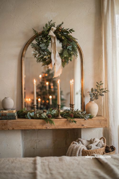 Cozy neutral christmas mantel with evergreen wreath layered over a vintage mirror