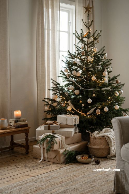 Cozy neutral christmas tree with cream and kraft wrapped gifts for elegant holiday decor
