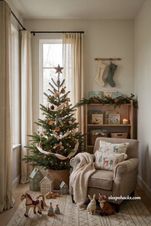 Cozy storybook nursery Christmas tree with reading nook and woodland holiday decor ideas